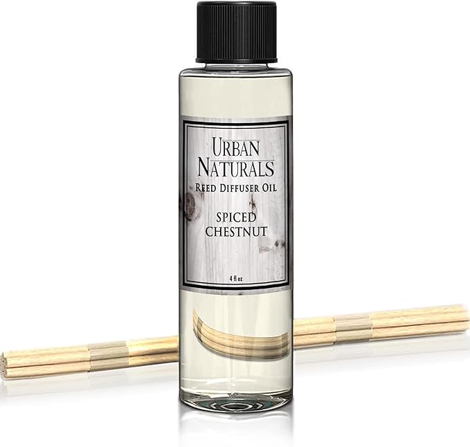Urban Naturals Spiced Chestnut Oil Reed Diffuser Refill with Free Set of Reed Sticks – Comforting Autumn Scent of Chestnuts, Cinnamon, Clove and Cedar Wood – Vegan, 4 oz, Made in the USA