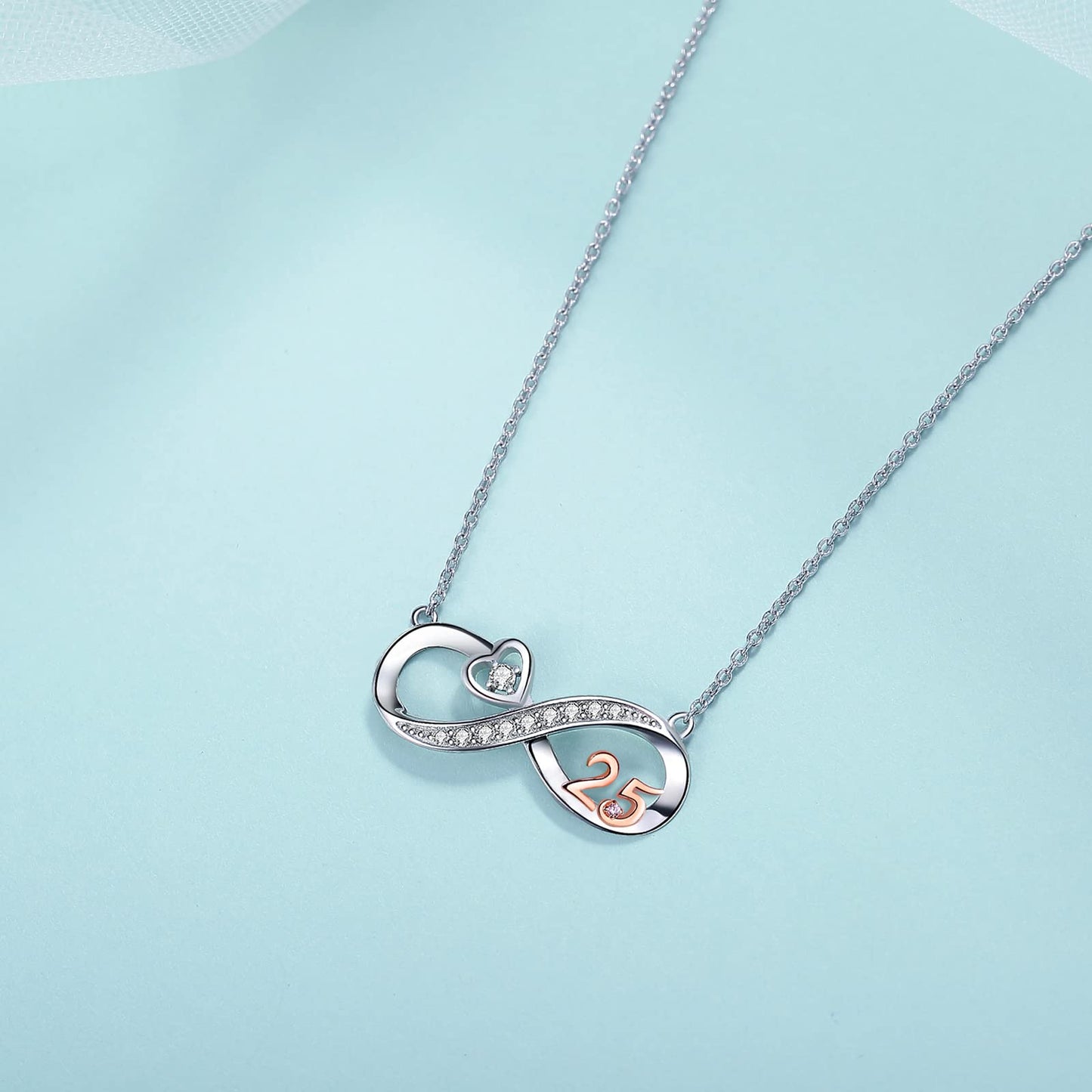 URMWMOO Number Necklace 925 Sterling Silver Infinity Love Heart Pendant Necklaces Jewelry 25th Anniversary Birthday Gifts Wedding Graduation Gift for Her Women