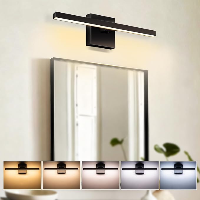 Aosclex 16 Inch Bathroom Lights Over Mirror, Rotatable, 12W 1080LM 5CCT Adjustable (2700K–6000K), Dimmable LED Bathroom Light Fixtures, IP44 Waterproof Black Modern Vanity Lights, ETL Certificated