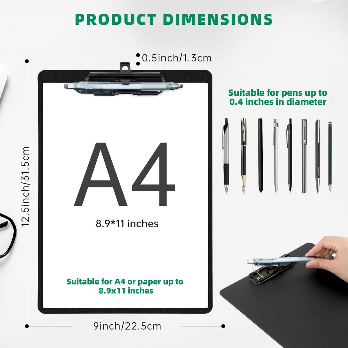 Black Clipboard with Pen Holder, 2 Pack Plastic Clipboard with Low Profile Metal Clip, Hanging Clip Boards Holds 8.5x11 Inch Papers, Standard A4 Letter Size Clip Boards for Offices & School