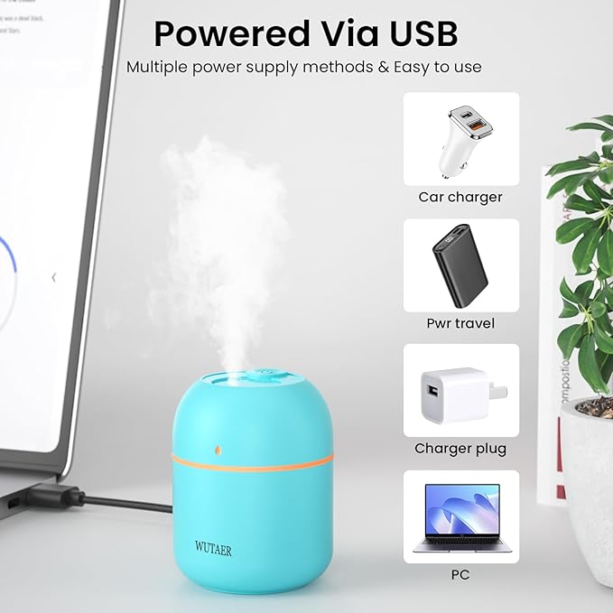 Portable Small Humidifier, WUTAER USB Personal Desktop Humidifier for Car, Office Room, Bedroom, Auto Shut-Off, 2 Mist Modes, Super Quiet(220ml, Green)