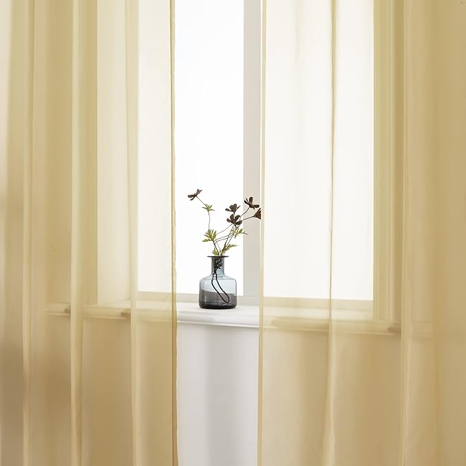 DUALIFE Tan Beige Sheer Curtain 108 Inch Length Light Brown Semi Voile Sheer Curtains Window Drapes for Living Room and Bedroom Window Treatments 2 Panels 52x108 Inches Long 9 FT Natural Taupe