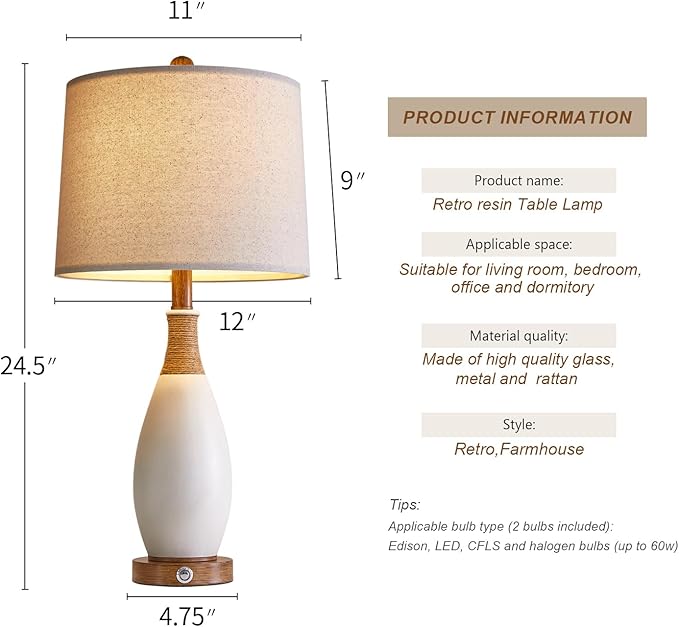 OYEARS 24.5” 3-Way Dimmable Touch Control Bedside Table Lamp Set of 2 with USB and Type-C Charging Ports Modern Farmhouse Nightstand Lamp for Bedroom Living Room (Bulb Included)