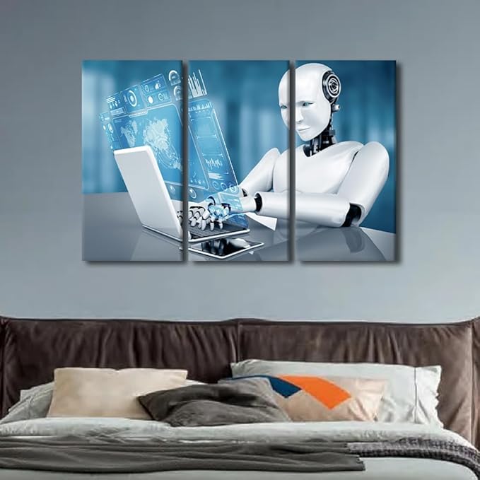 3 Pieces Wall Art Robot Paintings for Home Wall Decorations Big Data Analysis Canvas Prints AI Intelligence Artwork for Home Walls Contemporary Home Decor Framed Ready to Hang Posters, 42"Wx28"H