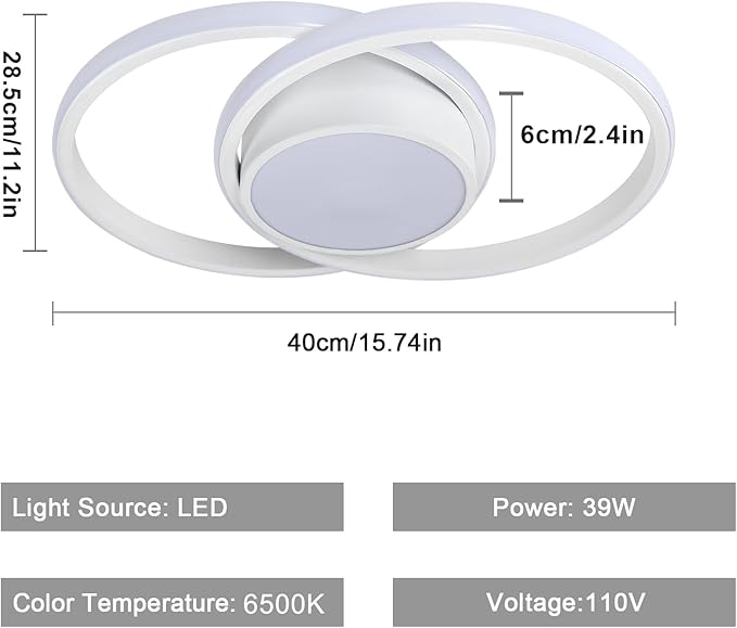 AUA LED Modern Ceiling Light, 39W 6500K Round Ceiling Lights Fixture, 15.7" for Hallway, Kitchen, Bedroom, Dining Room, Entryway, White