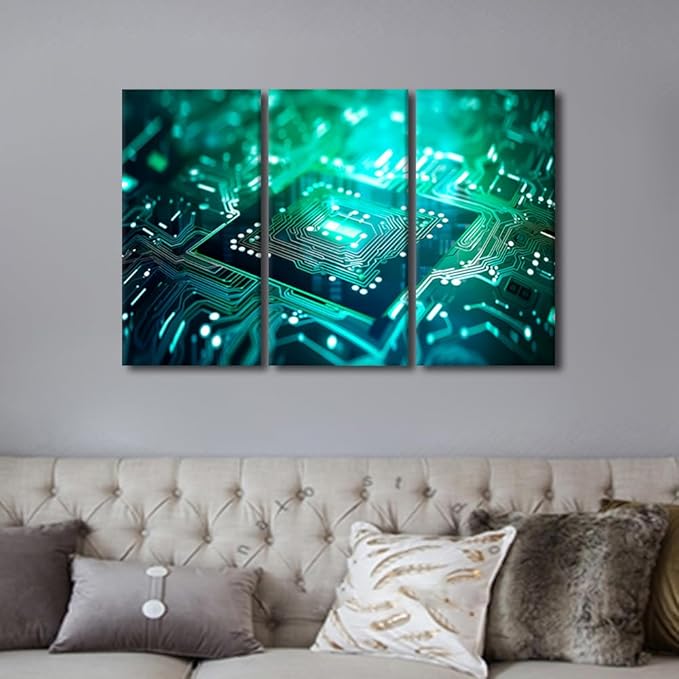Circuit Board Wall Art Canvas Painting Semiconductor Chip Wall Art Artwork for Home Walls Chip Wall Art 3 Pieces Framed Wall Art Home Office Room Wall Decor Framed Ready to Hang, 42" Wx28 H