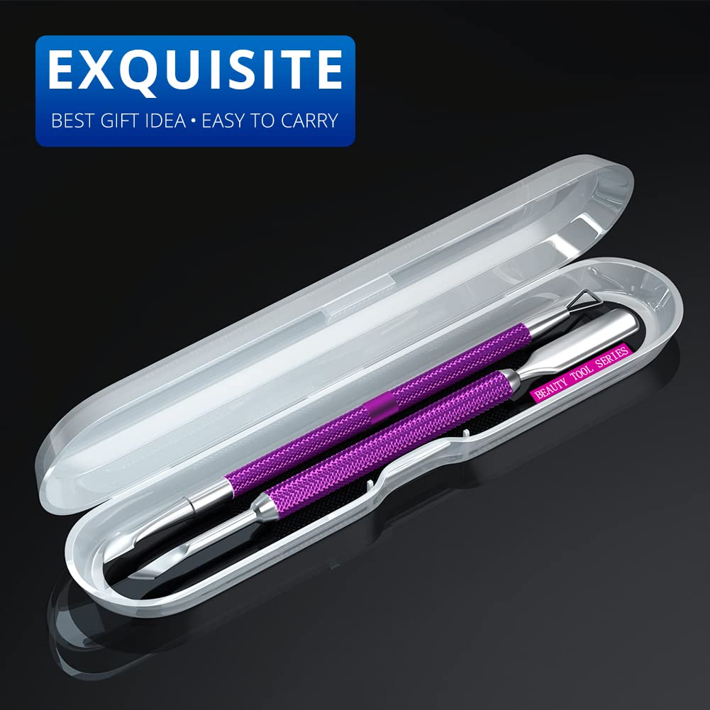 2PCS Metal Deep Purple Cuticle Pusher and Cutter Remover Salon Quality Stainless Steel Gel Nail Polish Peeler Scraper Durable Manicure and Pedicure Cleaner Tool For Fingernail and Toenail