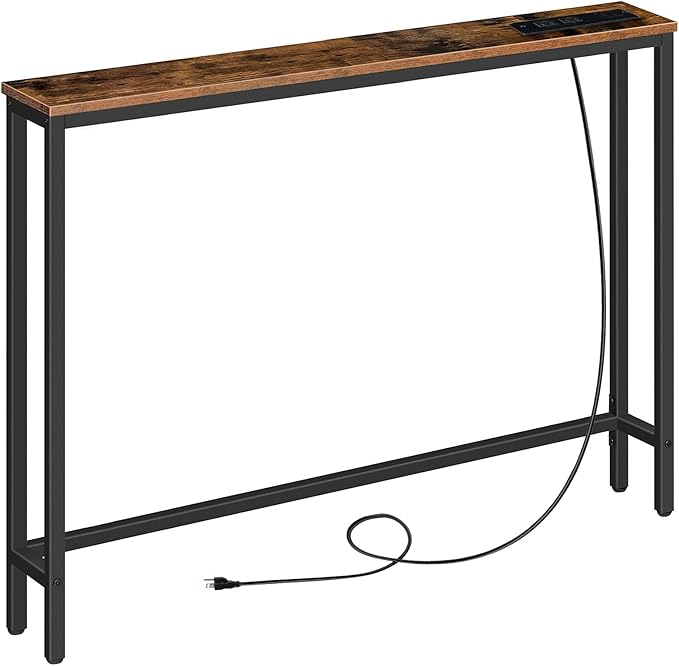 HOOBRO 39.4" Skinny Console Table with Power Outlet, 5.9" Behind Couch Table with Charging Station, Narrow Sofa Table, Long and Thin Table for Entryway, Living Room, Rustic Brown BF51UXG01