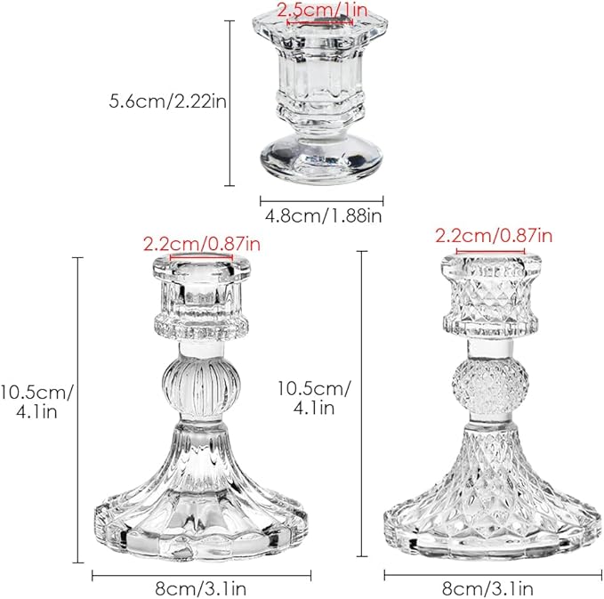 Glass Candlestick Holders Set of 6, Taper Candle Holder for Wedding Festival Christmas Party Valentine's Decor, Table Centerpieces