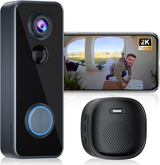 Doorbell Camera Wireless, Head-to-Toe Video - No Subscription Required,2K HD Live View, Two-Way Talk,Smart Video Doorbell with Chime,Battery Powered,Motion Alerts,Works with Alexa &Google(2.4G WiFi)