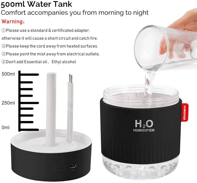 Portable Mini Cool Mist Humidifier, 500ml USB Personal Desktop Humidifier for Baby Bedroom Travel Office Home, Auto Shut-Off, 2 Mist Modes, Super Quiet (Black)
