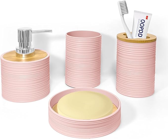 Bathroom Accessories Set 4 PCS, Bamboo Bathroom Accessory Set Includes Soap Dish, Soap Dispenser, Toothbrush Holder, Toothbrush Cup, Bathroom Sets Accessories, Boho Bathroom Decor(Light Pink)