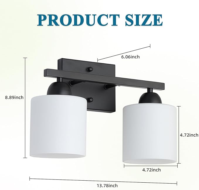 Milk Glass Vanity Lights for Bathroom, 2 Light Matte Black Bathroom Light Fixtures Over Mirror, Ceramic E26 Sockets Wall Mounted