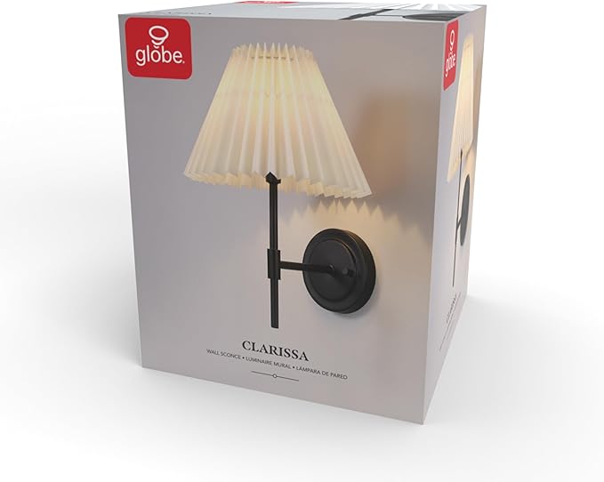 Globe Electric 1-Light Wall Sconce, Matte Black, White Pleated Fabric Shade, E12 Base Socket, Candelabra Bulb, Living Room Lighting, Home Essentials, Décor, Bedroom, Mounted Bedside Lamp