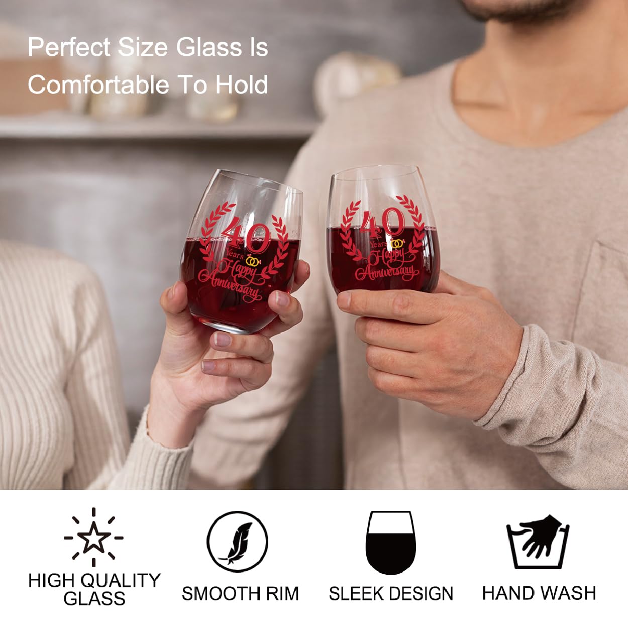 Perfectinsoy 40 Years Happy Anniversary Wine Glass Set of 2, 40th Anniversary Ruby Wedding Gifts for Mom, Dad, Wife, Soulmate, Couple, Funny Vintage Unique 40 Years Gifts, Wedding Present for Her Him