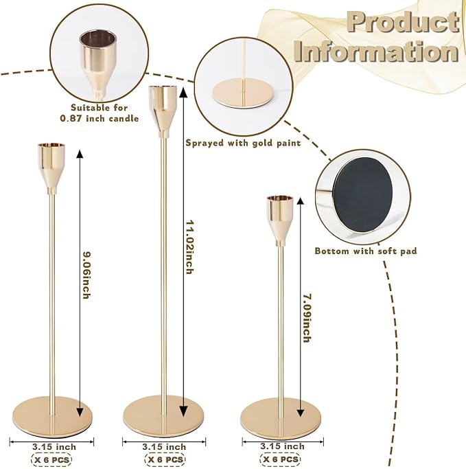 Gold Candlestick Holders Bulk, Taper Candles Holder for Table Centerpiece Set of 18 Metal Candle Sticks Holders Stand Candelabra Candle Holder for Christmas, Wedding, Dinning, Home Decor