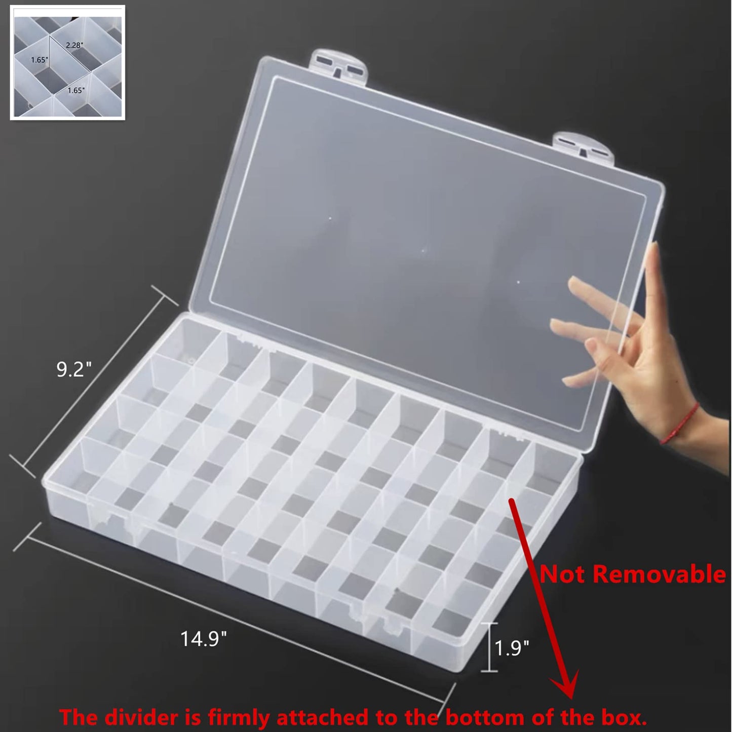 Feadily 1PCS 36 Grids Large Plastic Organizer Box with Dividers, Compartment Organizer Box for Nail Accessories/Screw/Sewing Arts and Oil Paint, Bead Storage Containers 14.9" x 9.2"" x 1.9"" (Clear)"