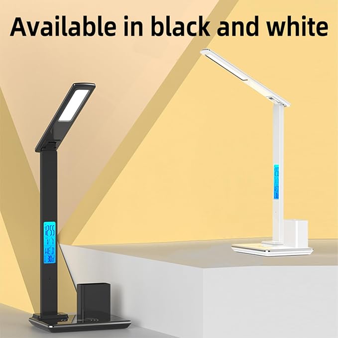Multi-Function Desk Lamp with Display&15W Wireless Charger,3 Color Temperatures,Touch Control,Foldable Design,Built-in Clock,Calendar,Thermometer,Alarm,HYT1771 White.