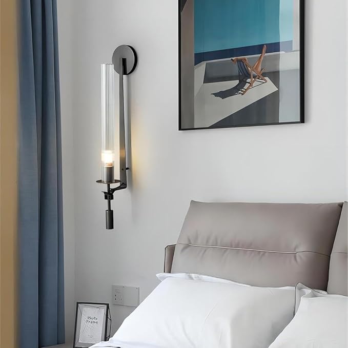 LIGHTLAND Black Wall Sconces Set of 2, 28 Inch Modern Metal Glass Wall Light Fixture, Wall Lamp for Living Room Bedroom Hallway