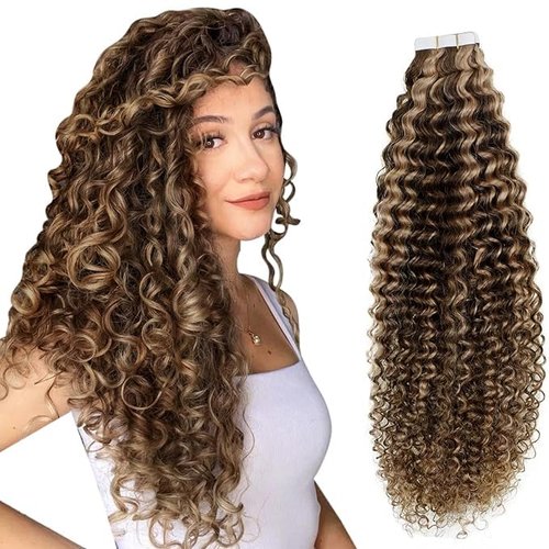 Easyouth 22 Inch Curly Tape in Hair Extensions Real Human Hair Tape in Extensions Black Human Hair Natural Tapes on Human Hair Extension 20Pcs 50g