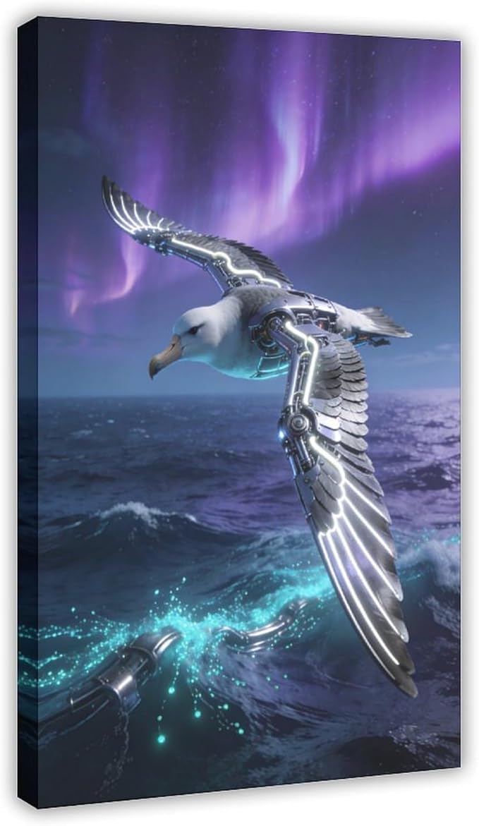 Framed Steampunk Mechanical Seagull Wall Art - Aurora Ocean Retro Poster for Bedroom Game Room Decor 12x18inch(30x45cm)