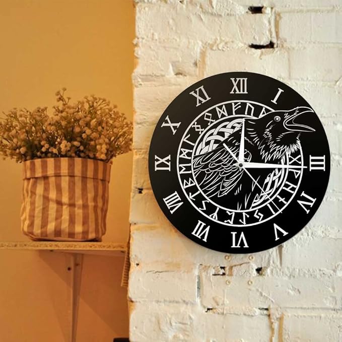Geek Alerts Cawing Black Crow with Roman Numerals Silent Wall Clock 12inch Viking Odin Raven with Scandinavian Runes Battery Operated Quartz Watch