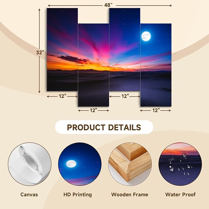 Canvas Wall Art Prints Pictures Moon sky Framed Posters Modern Wall Painting Artwork Gift Home Decor for Living Room Ready to Hang 4 Panel