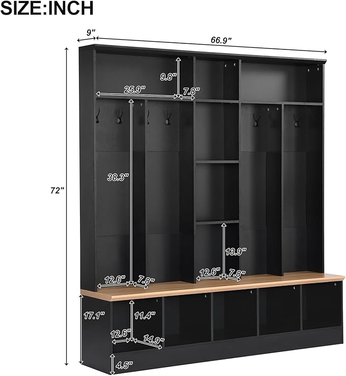 4 in 1 Hall Tree with Shoe Bench, Wood Entryway Storage Bench with Cube Storage & Shelves Multifunctional Coat Rack with 8 Hooks for Home Office Bedroom Mudroom Living Room, Black