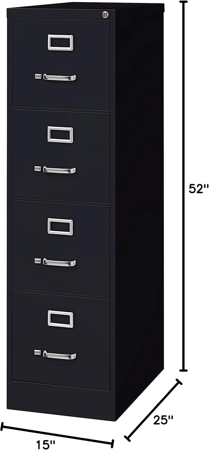Commercial 4 Drawer Letter Width Vertical File Cabinet, 25" Deep - Black