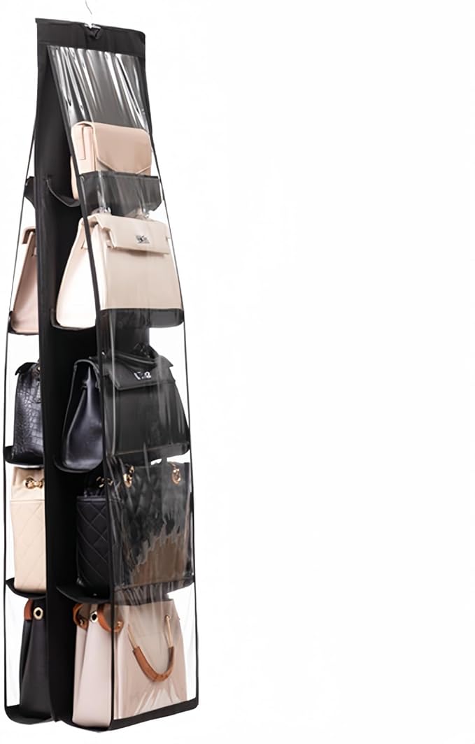 HAN SHENG 10 Pockets Clear Handbag & Purse Organizer Hanging Bag Storage - Space Saving Hanging Shelf for Closet, Wardrobe, Over Door (1 Pack, Black)