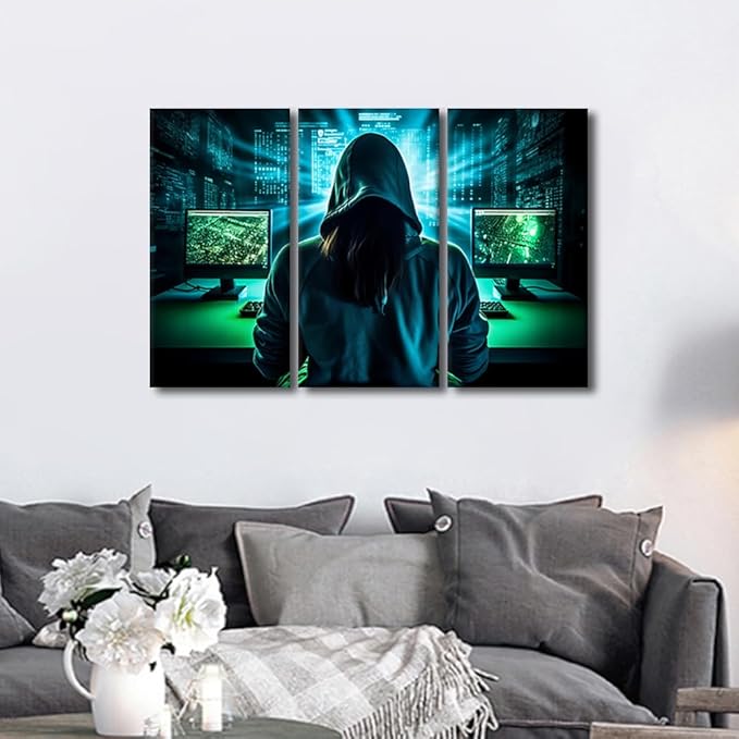 Hacker Malware Pictures for Bedroom Wall Decor AI Big Data Paintings AI Painting Wall Art Print on Canvas Hacker Artwork Home Wall Decor 3 Pieces Posters and Prints Framed Ready to Hang, 36"Wx24"H