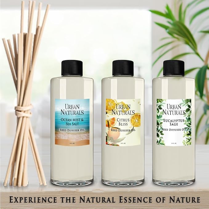 Urban Naturals Reed Diffuser Oil Refill Lemon Verbena with Lemon Zest, Bergamot, Vetiver, Cedarwood 8 oz + Free Reed Sticks, Made in the USA