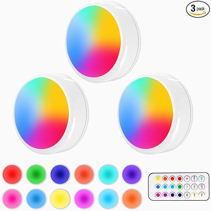 ILYXY Puck Lights With Remote, 3 Pack LED Under Cabinet Lighting, Dimmable Push Battery Operated Wireless Under Counter for Kitchen, Multicolor Transformation Stick On, Shiny White