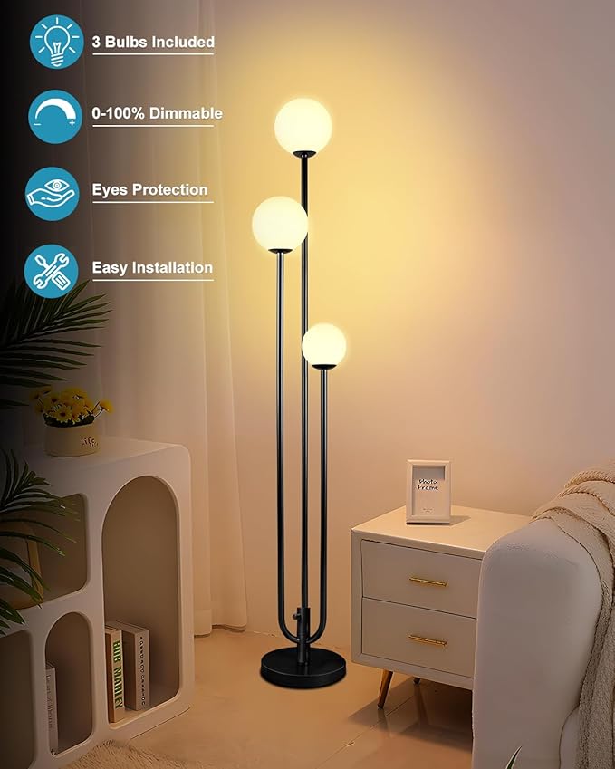 Lightdot 63IN Black Floor Lamp Dimmable with Candle Holder Style Mid Century Standing Lamps, 3000K Warm White Bulbs Included, Modern Globe Floor Lamp for Living Room/Bedroom/Sofa Beside/Corner Decor