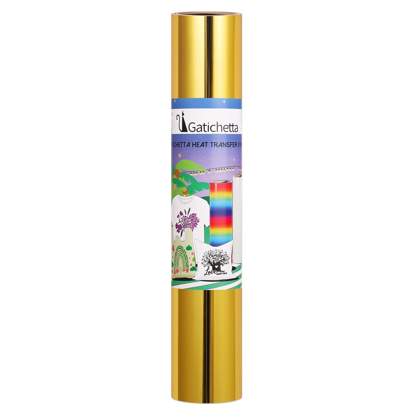 Gatichetta Heat Transfer Vinyl Roll, Metallic Foil Gold Iron On Vinyl 12" X 6ft Chrome HTV Vinyl for Garments