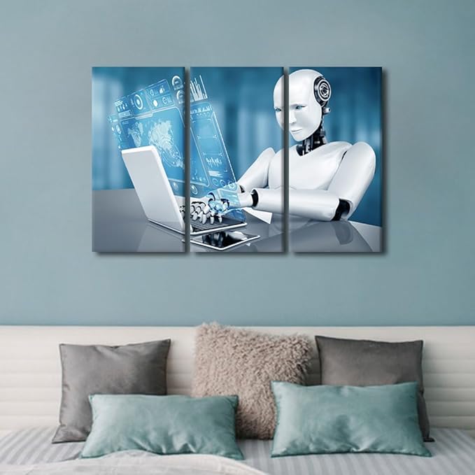 Robot Posters Canvas Print AI Intelligence Art Prints 3 Pieces Wall Art Big Data Analysis Paintings Robot Pictures Prints on Canvas Giclee Artwork Framed Ready to Hang Posters and Prints, 36"Wx24"H