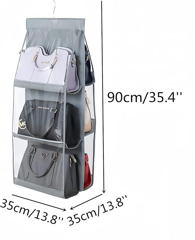 HAN SHENG 6 Pockets Clear Handbag & Purse Organizer Hanging Bag Storage - Space Saving Hanging Shelf for Closet, Wardrobe, Over Door (2 Pack, Grey)