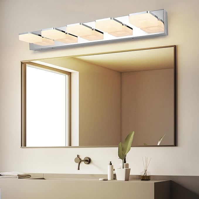 3 Colors Dimmable Bathroom Light Fixtures over Mirror LED Chrome Vanity Lighting Fixtures Acrylic Stainless Steel 5 Light Bathroom Vanity Light Fixtures, Adjustable 3000K/4000K/6000K, 360° Rotate