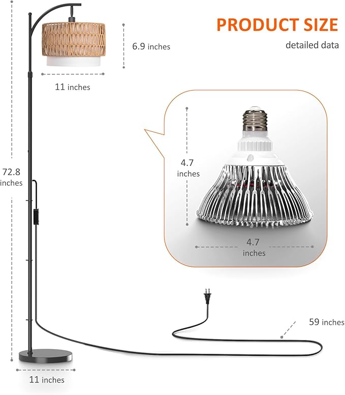 Bstrip 65-72.8 Inches Adjustable Grow Light for Indoor Plants, Boho Rattan & Fabric Shade Standing Grow Lamp, 25W 3000K Full Spectrum LED Plant Light with Auto On/Off Timer