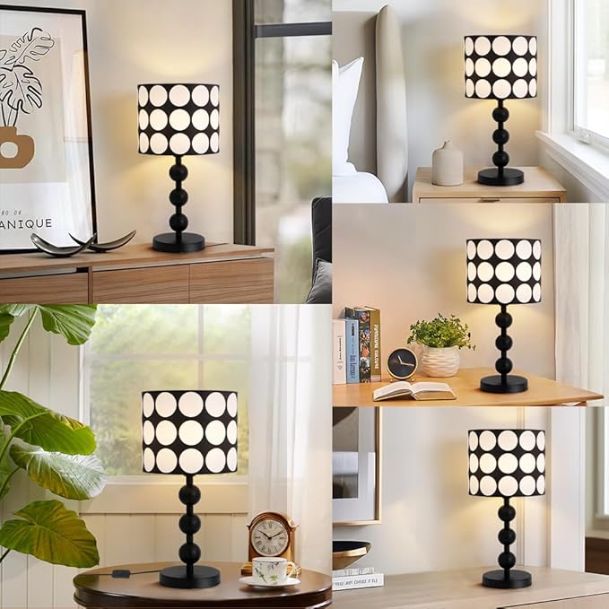 Black Bedside Table Lamp,White Dot Pattern Shade,Modern Black Tall Desk Lamp for Living Room,Bedroom,Nightstand,Office,Metal Base,Fabric Shade,Simple Side Table Lamps,E26 E27 Base,Button Switch