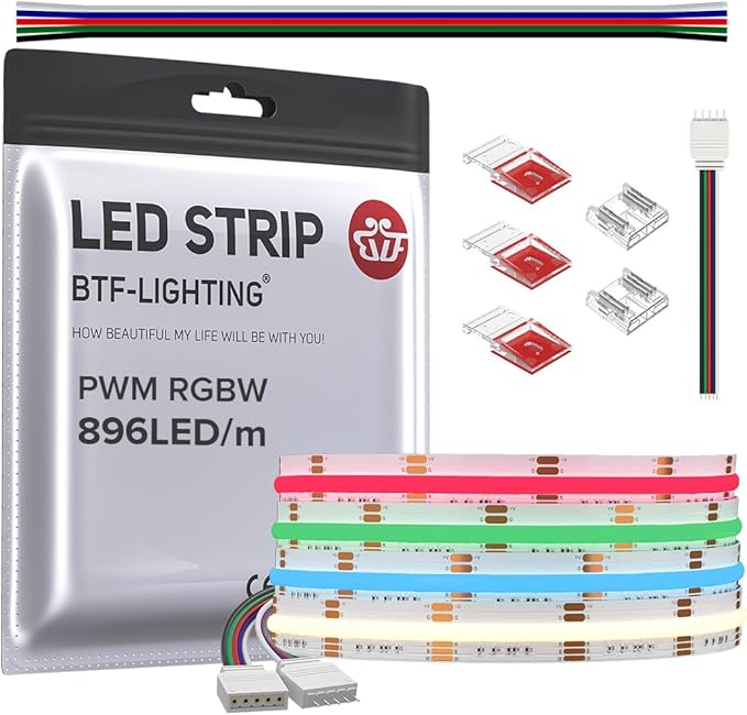 BTF-LIGHTING FCOB COB LED Strip RGBW 4000K 896LED/m 9.8FT DC12V Color Changing Flexible High Density Uniform Light 12mm Width for Home Indoor Decoration(No Adapter or Controller)