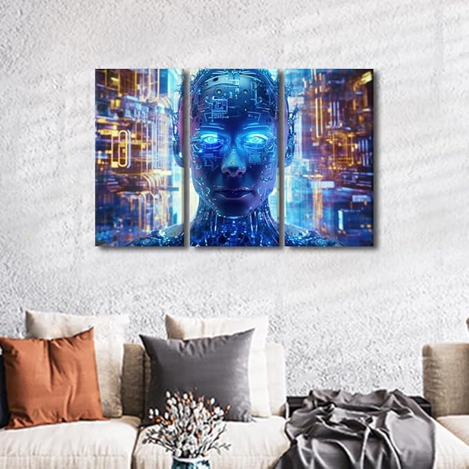 3 Panels Modern Wall Art AI Art for Business and Technology Pictures Prints Art for Living Room Bedroom Wall Decorations, Stretched Framed Gallery-Wrapped Ready to Hang, 36" Wx24 H