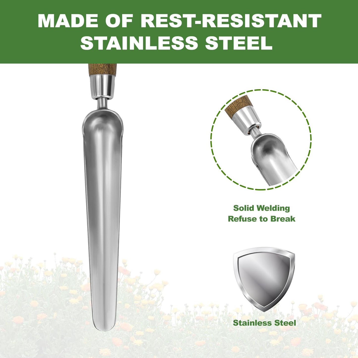 Haliaeetus Seeding Widger, Stainless Steel Garden Planting Trowel for Repotting, Long and Narrow Widger for Weeding from Tight Areas, Hand Transplanter with Wood Handle for Planting, Weeding, Digging