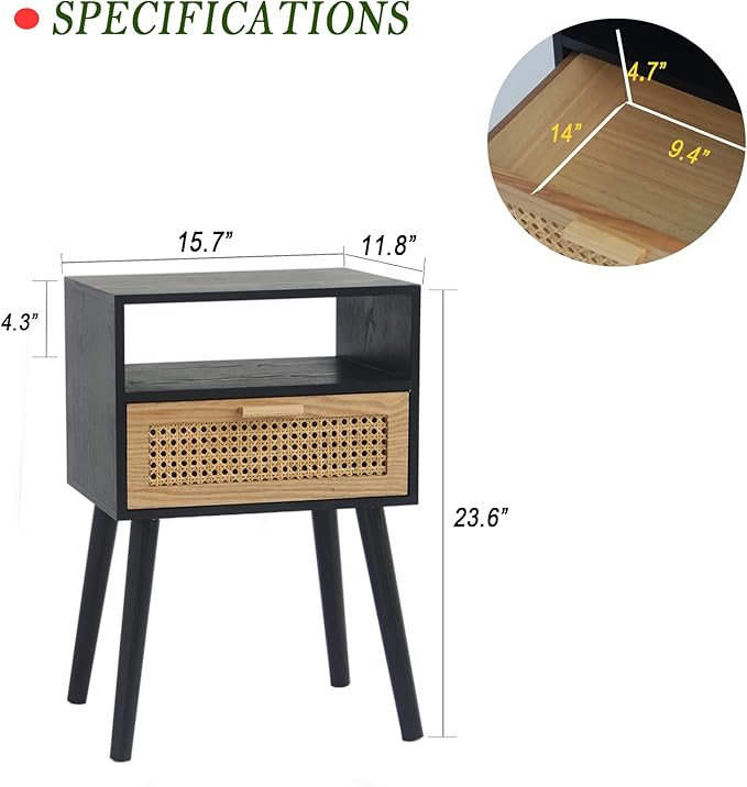 MaxSmeo Mid Century Modern Nightstand with Charging Station, Bedside Tables with Rattan Drawer, Small Wood Nightstand Side Table for Living Room,Bedroom (Black)
