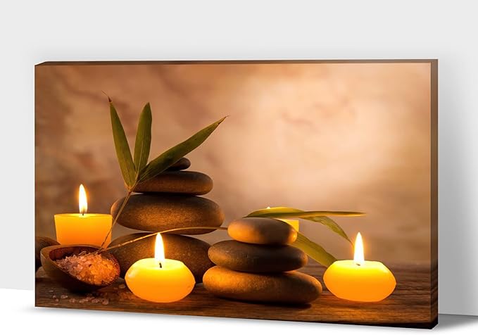 Zen Wall Art Decor, Modern Bathroom Zen Decor Wall Art, Large Zen Relaxing Canvas Wall Art for Spa Room Decor, Black Pebble and Lighted Candles Zen Art Prints for Office & Spa Wall Decor 28x40 Inches