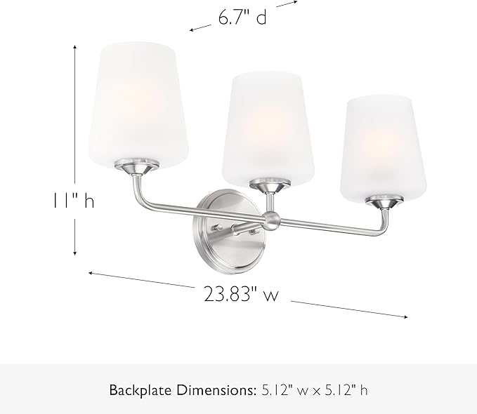 Design House Stasia Vanity Light, 3-Light, Sleek Modern Arms, Frosted Glass Glow, Dimmable, Dual-Mount Option, E26 Socket, Satin Nickel, 23.8 in L x 6.7 in W x 11.0 in H, 589291