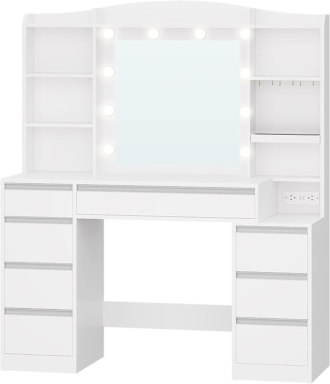 Vanity Desk with Mirror, Makeup Vanity with RGB Led Lights,Dressing Table with Power Strip,8 Drawers & 8 Storage Shelves, 47.2inch Desktop, Modern, White