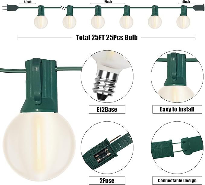 Abeja 25Ft Frosted White String Lights, G40 Globe Patio String Lights with 25 LED Frosted Bulbs(2 Spare), Vintage Backyard Patio Lights for Backyard Porch Balcony Party Wedding Umbrella-Green Wire