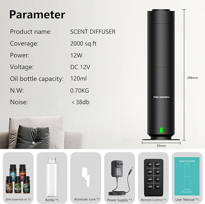 Waterless Scent Diffuser Kit, Includes 5 Premium Oils, 2000 Sq.Ft Coverage, Hotel Collection Scent Diffuser for Home, Studio, Essential Oil Diffuser Large Room, Remote & APP Control - Black