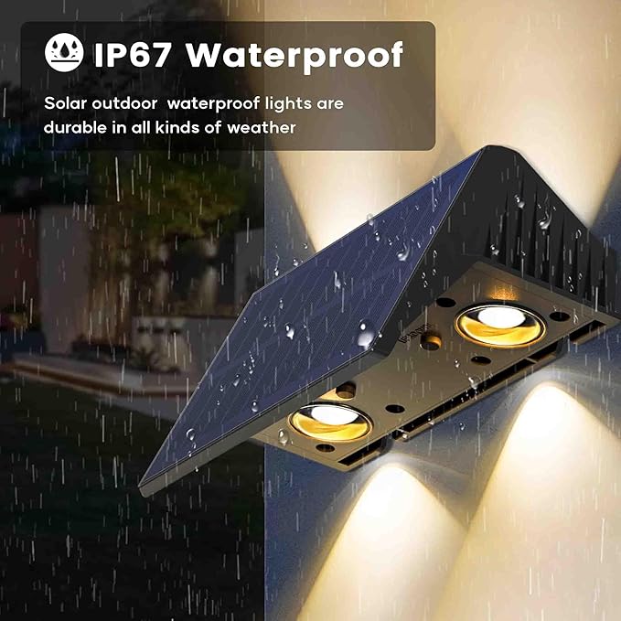 Fence Lights Solar Powered, 4-Pack Solar Fence Lights Up/Down Flexible Buttons, IP67 Waterproof for Outdoor, 100LM Bright, Auto Dusk to Dawn for Wall/Stairs/Yard/Railing/Deck/Pathway (Warm White)